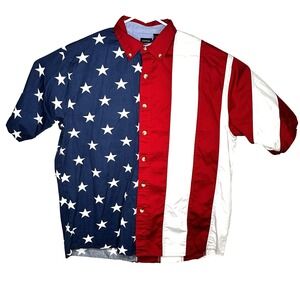 Mens Cotton Traders Sport American Flag Button Up Shirt Short Sleeve Size XL Red